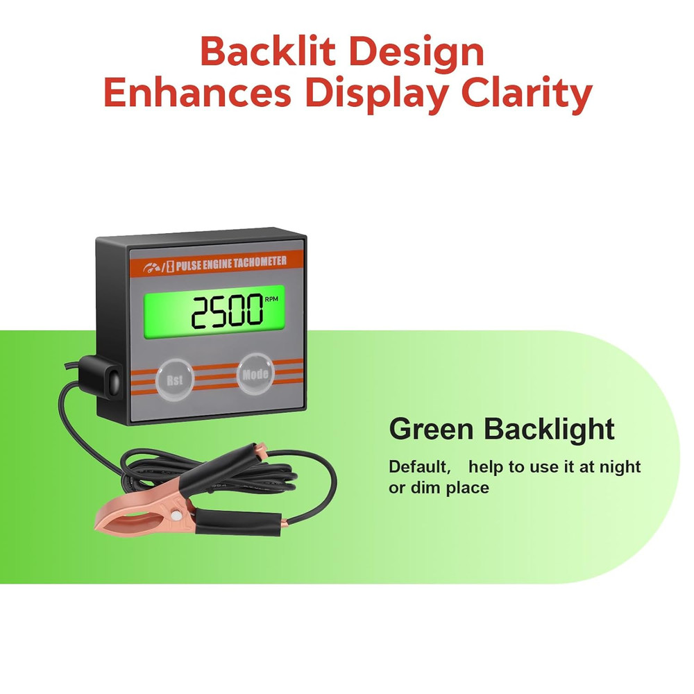 Digital Engine Tachometer Inductive with Clip - Mini Tach Gauge with Hour Meter