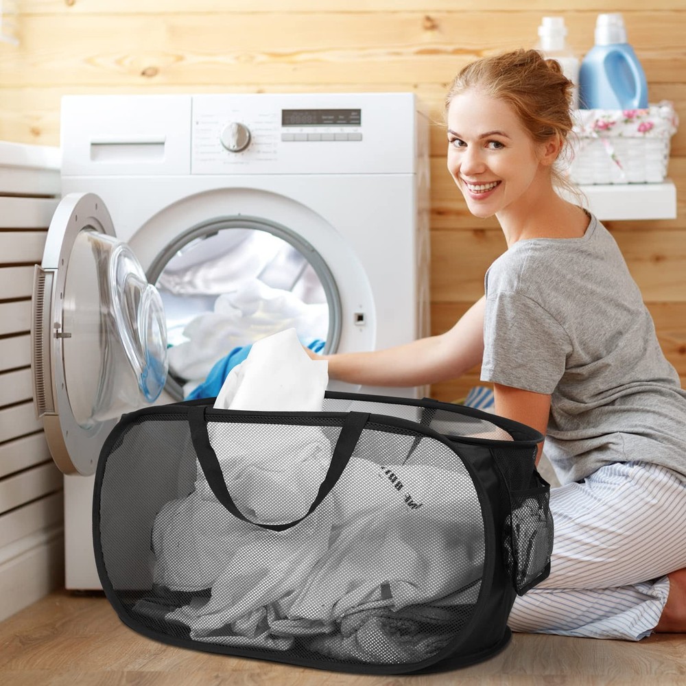 4 Pack Collapsible Laundry Baskets, Foldable Laundry Basket with Pocket, Dur...