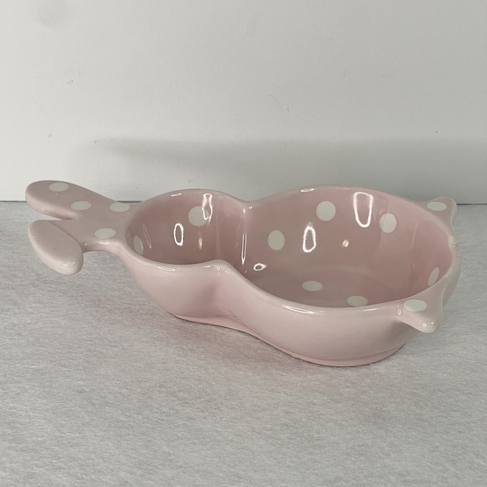 Pink Polka Dot Bunny Shaped Candy Dish Easter Peter Cottontail 4x7”