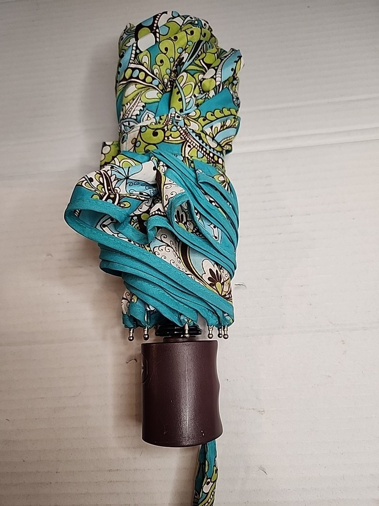 Vera Bradley Peacock Pattern Teal Blue Lime Mini Umbrella AutoOpen Compact