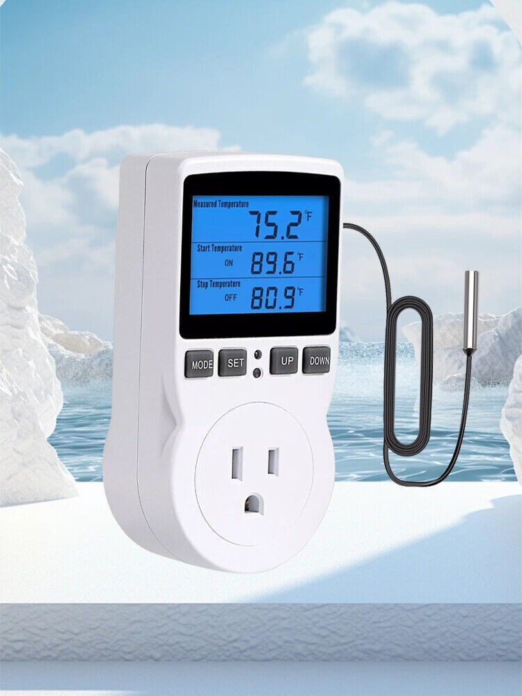 Digital Thermostat Outlet Plug Temperature Controller Heating Cooling w/ Probzh8