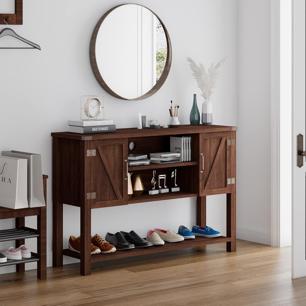 Farmhouse Buffet Sideboard with Cabinets & Open Shelf, Brown