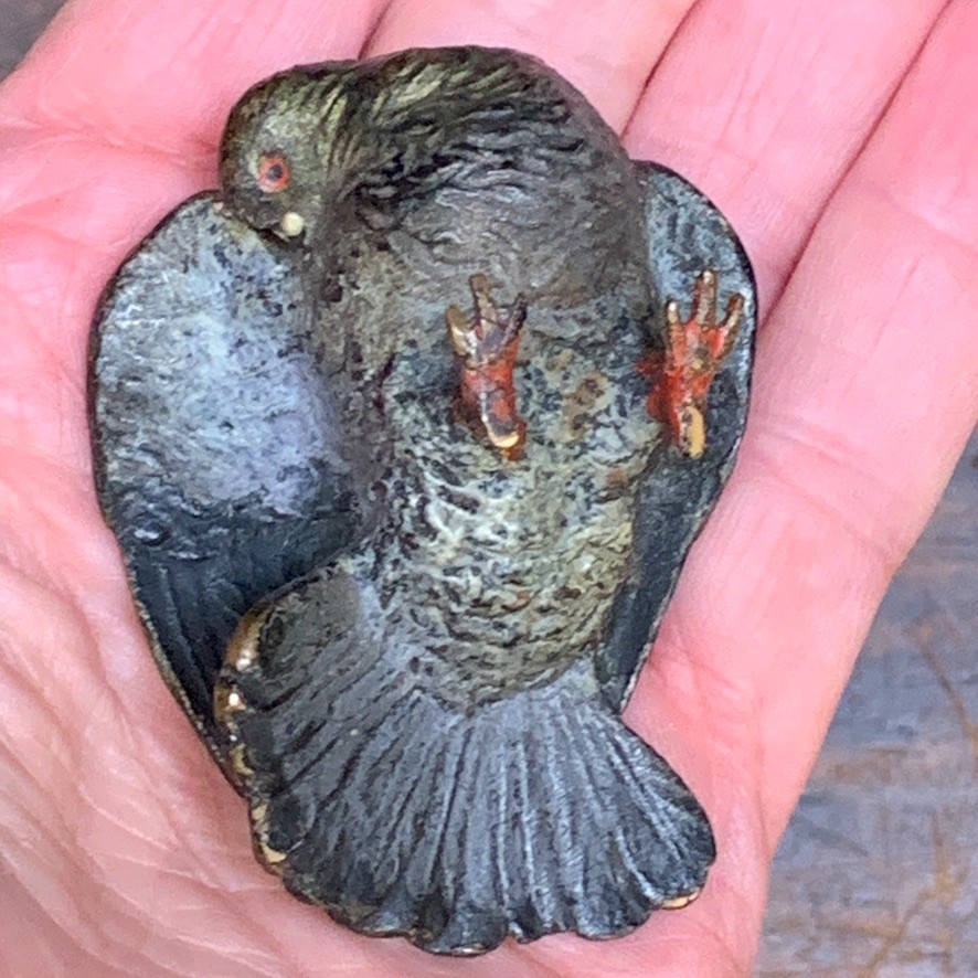 2 Lot Antique Vienna Austrian Cold Painted Bronze Pigeon Bird Figurine Preening