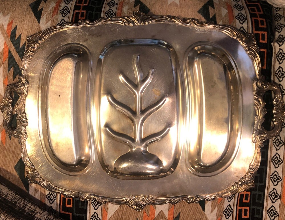 VTG,Heavy,extra large (24"x16")Silverplate Meat Serving Tray W Handles 3 Section