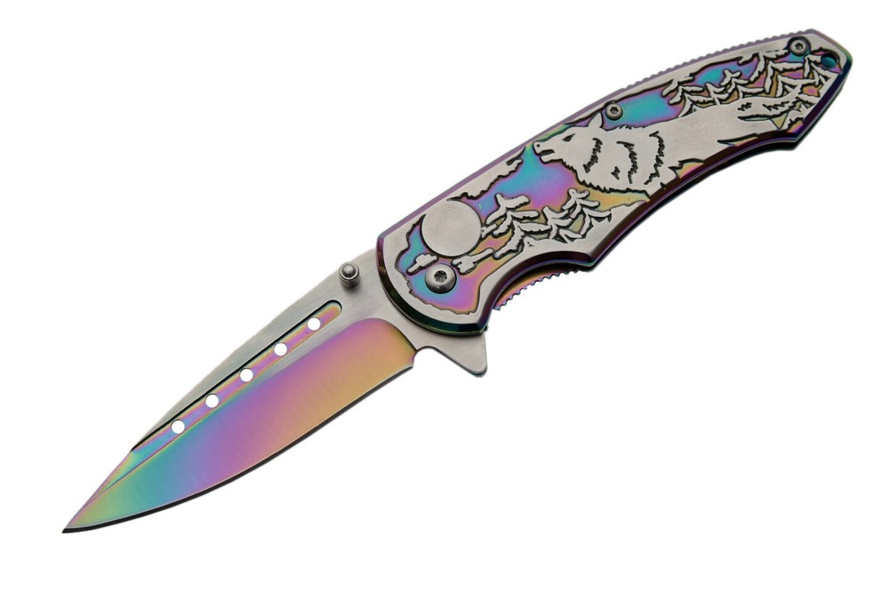 Spring-Assist Folding Knife | Rainbow Wolf Embossed Titanium Oxide Blade/Handle
