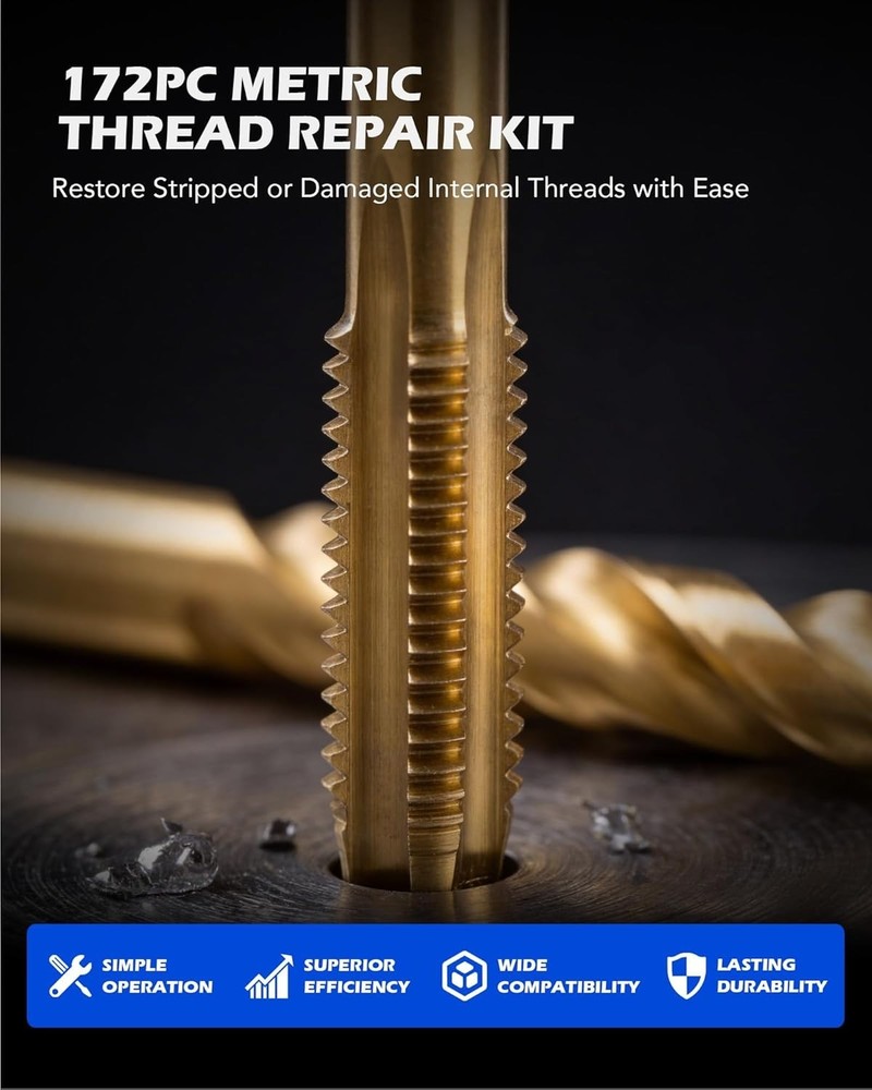 172pc Thread Repair Kit, Metric Thread Restorer Kit with HSS Drill Bits Taps ...