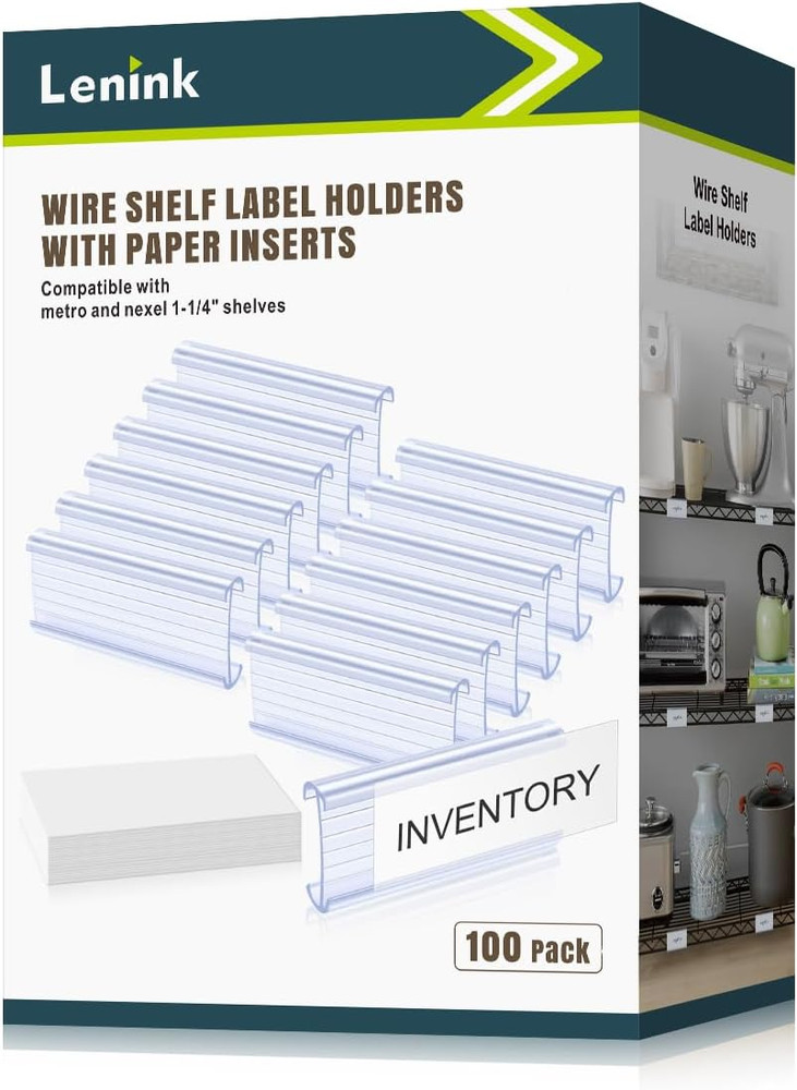 Lenink 100Pcs Wire Shelf Label Holders with 100Pcs Label Paper Inserts, Plastic