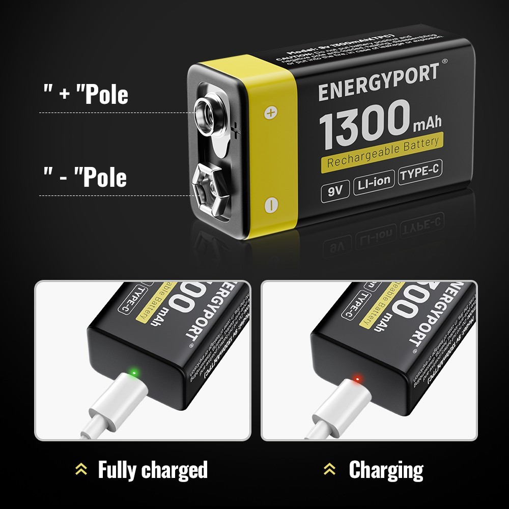 4Pcs 9V 9 Volt Li-ion USB Rechargeable Batteries 1300mAh Lithium Ion Battery