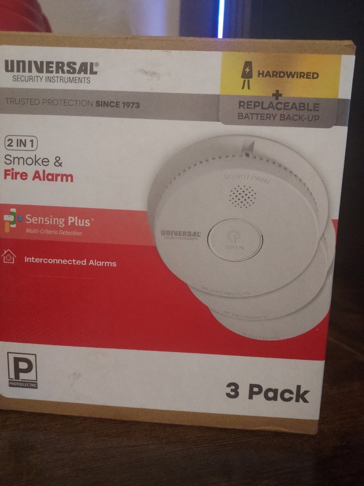 (3-Pack) Universal Security HARDWIRED & 10-Year Battery Smoke Detector