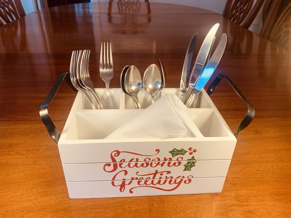 Festive “Seasons Greetings” Wooden Flatware Caddy