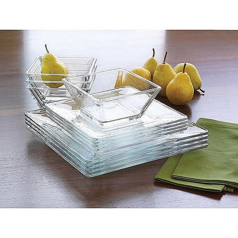 12 Piece Clear Glass Dinnerware Set Dishwasher Safe Plates Bowls Salad Stackable
