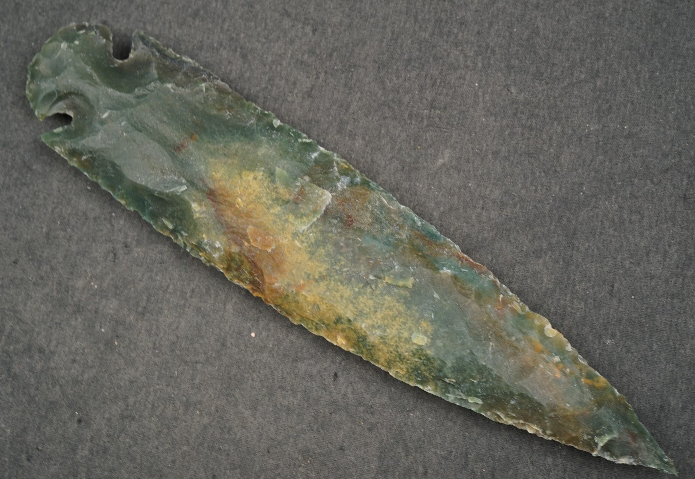 Deep Green and Gold 6.8" Flint Spearhead Point Knife Blade Arrowhead I-587