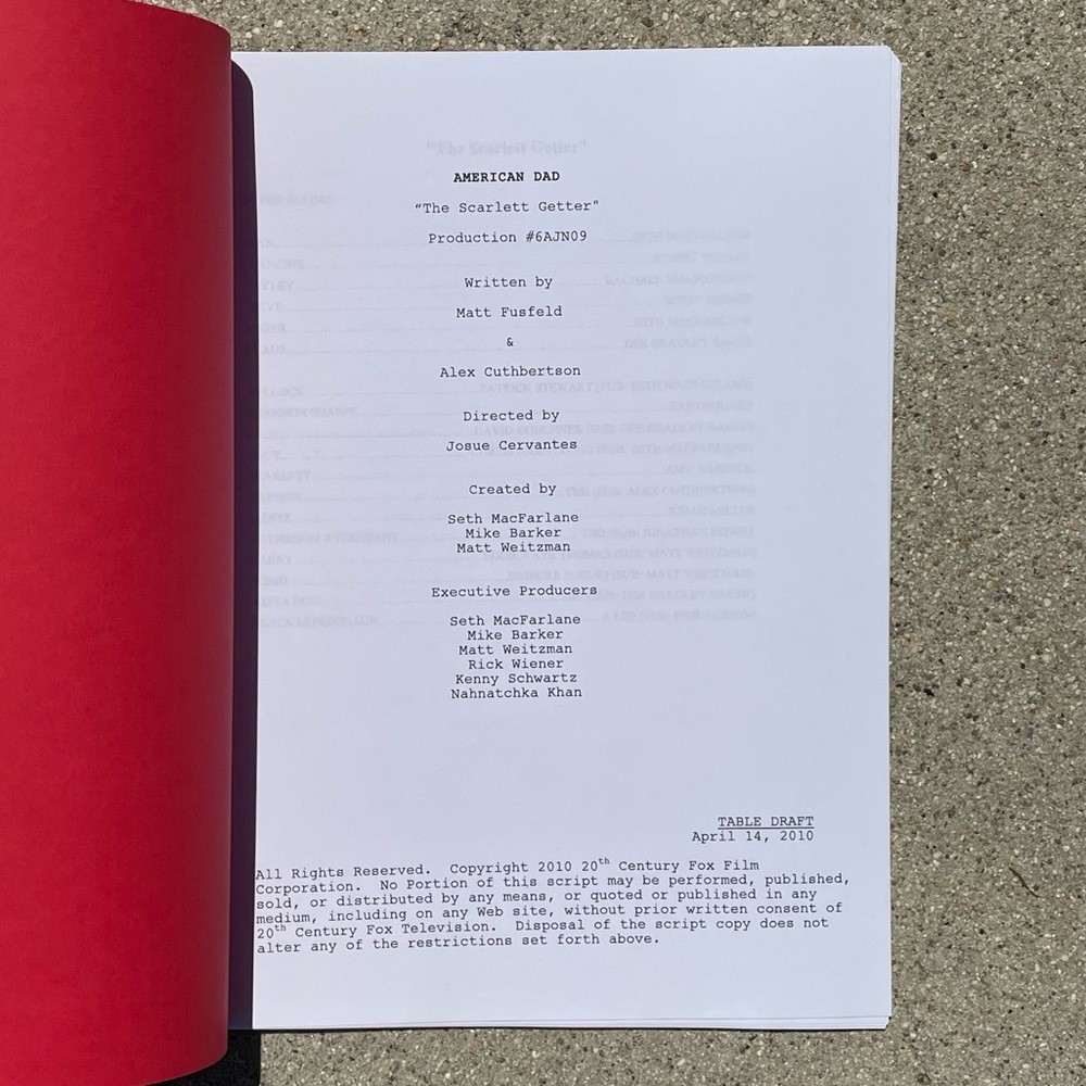 American Dad 2010 Scarlett Getter Production Used Casting Dep Table Draft Script