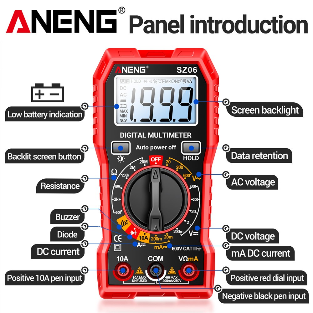 Digital Multimeter Voltmeter AC DC Volt Meter Ohmmeter Auto Range Tester Red