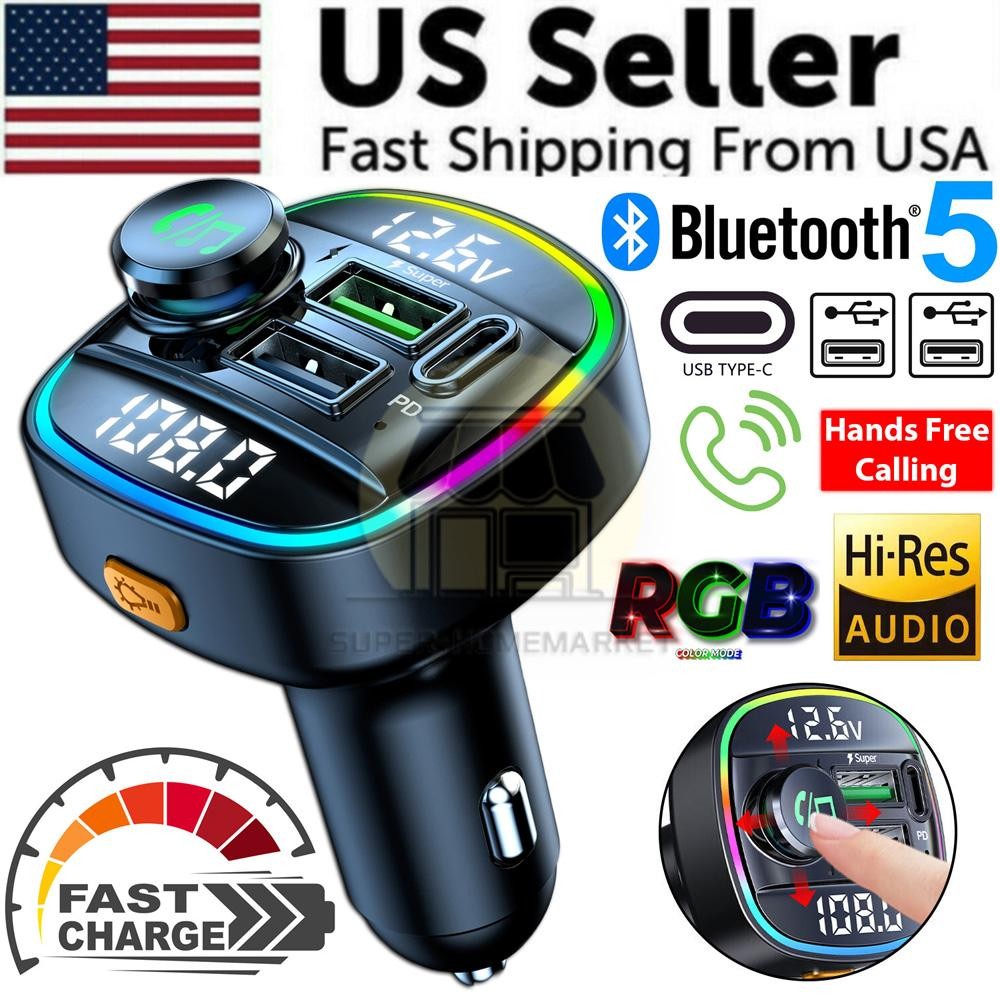 Bluetooth 5.0 Car FM Transmitter Adapter, Hands-Free, USB Charger, AUX Audio US