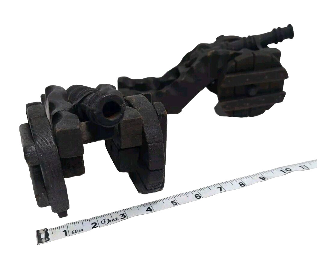 Set 2 Antique Cast Iron Wood Model Miniature Field Gun 10" Cannon On Wheels Toy