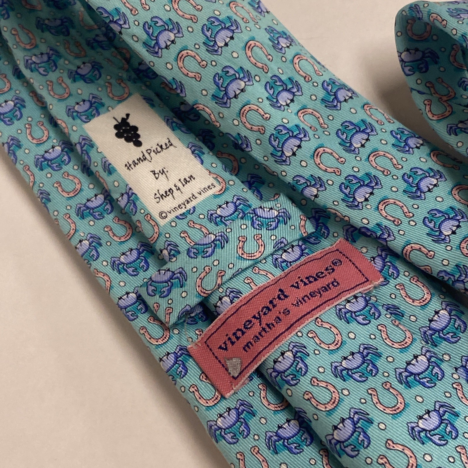 Vineyard Vines Boys Teal Blue Repp Silk Tie Lucky Horse Shoe Crabs 49.5” USA E2