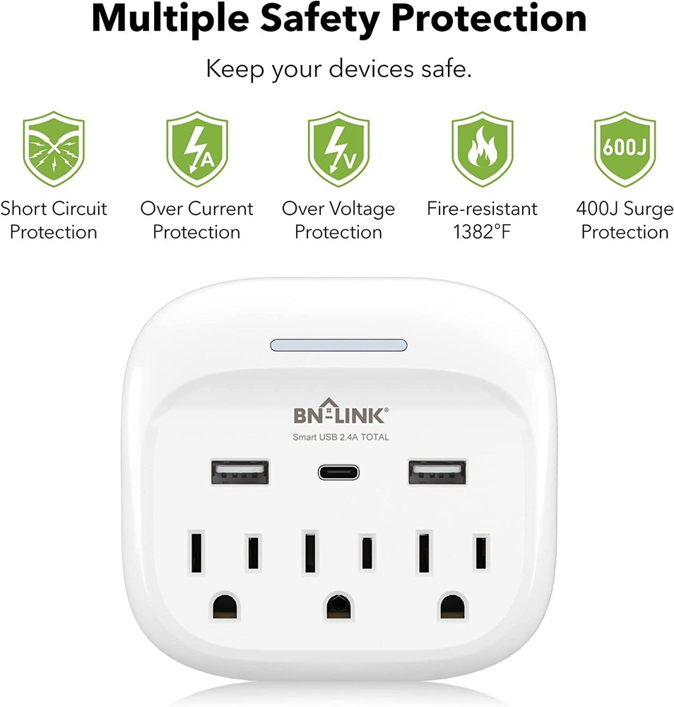 Multi Plug Outlet Extender With USB C, 3 Outlets Surge Protector 600J Wall Plug