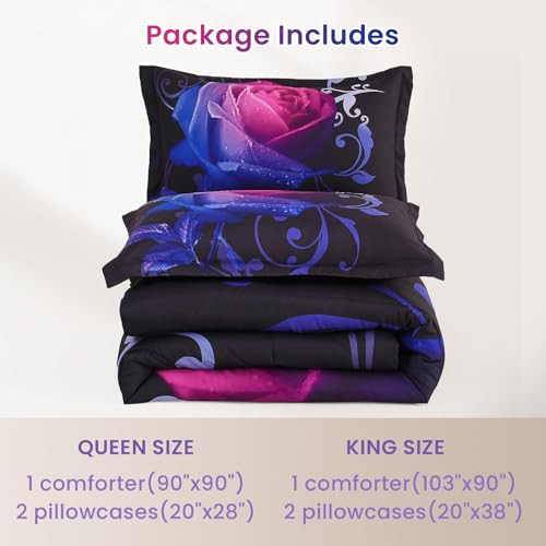 Gradient Rose Comforter Set King Reversible Pink & Blue Rose Pattern Printed