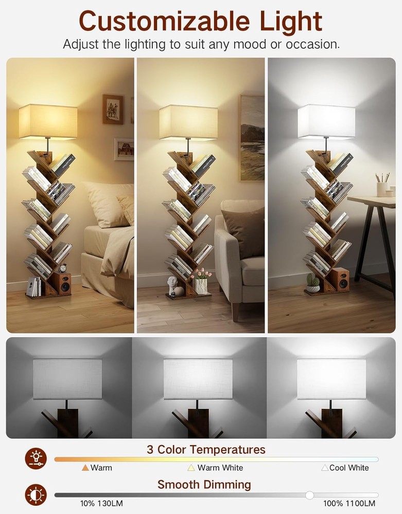 9 Tier Tree Bookshelf with Light, Remote & Timer, Modern Tall Floor Standing ...