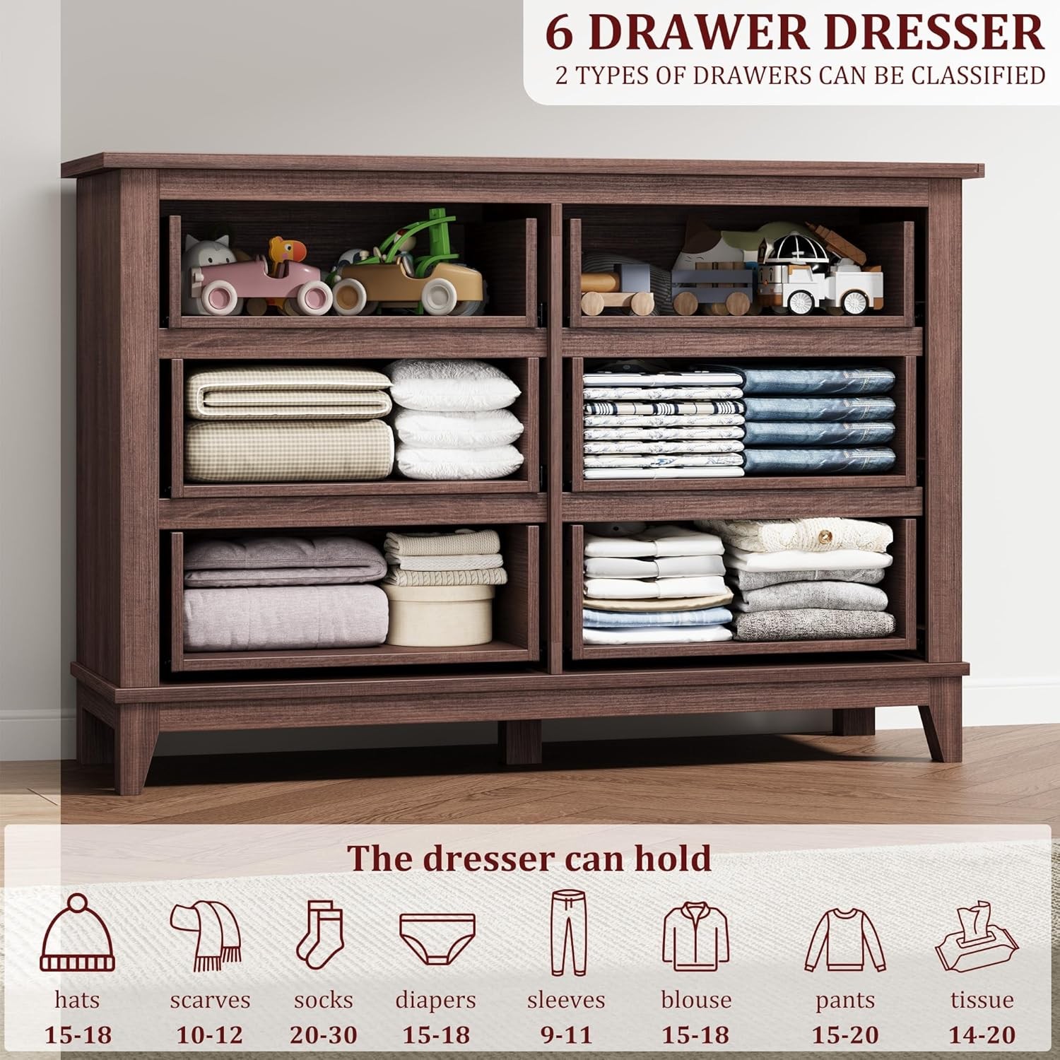 Dresser for Bedroom 6 Drawer Dresser Storage Freestanding Wooden Closet Chest