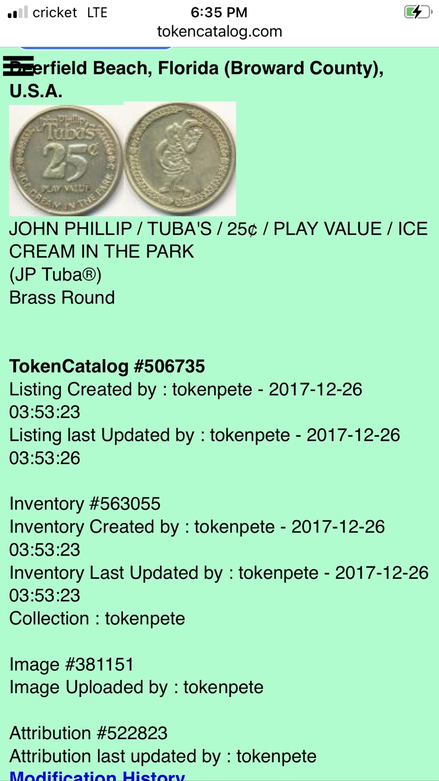 Trade Token - John Philips Tuba’s - Deerfield Beach, Florida