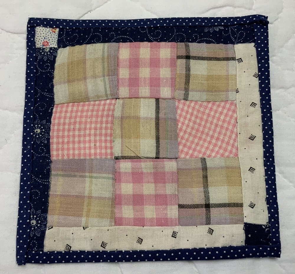 Antique Vintage Patchwork Quilt Table Topper, Nine Patch, Early, Pink, Multi