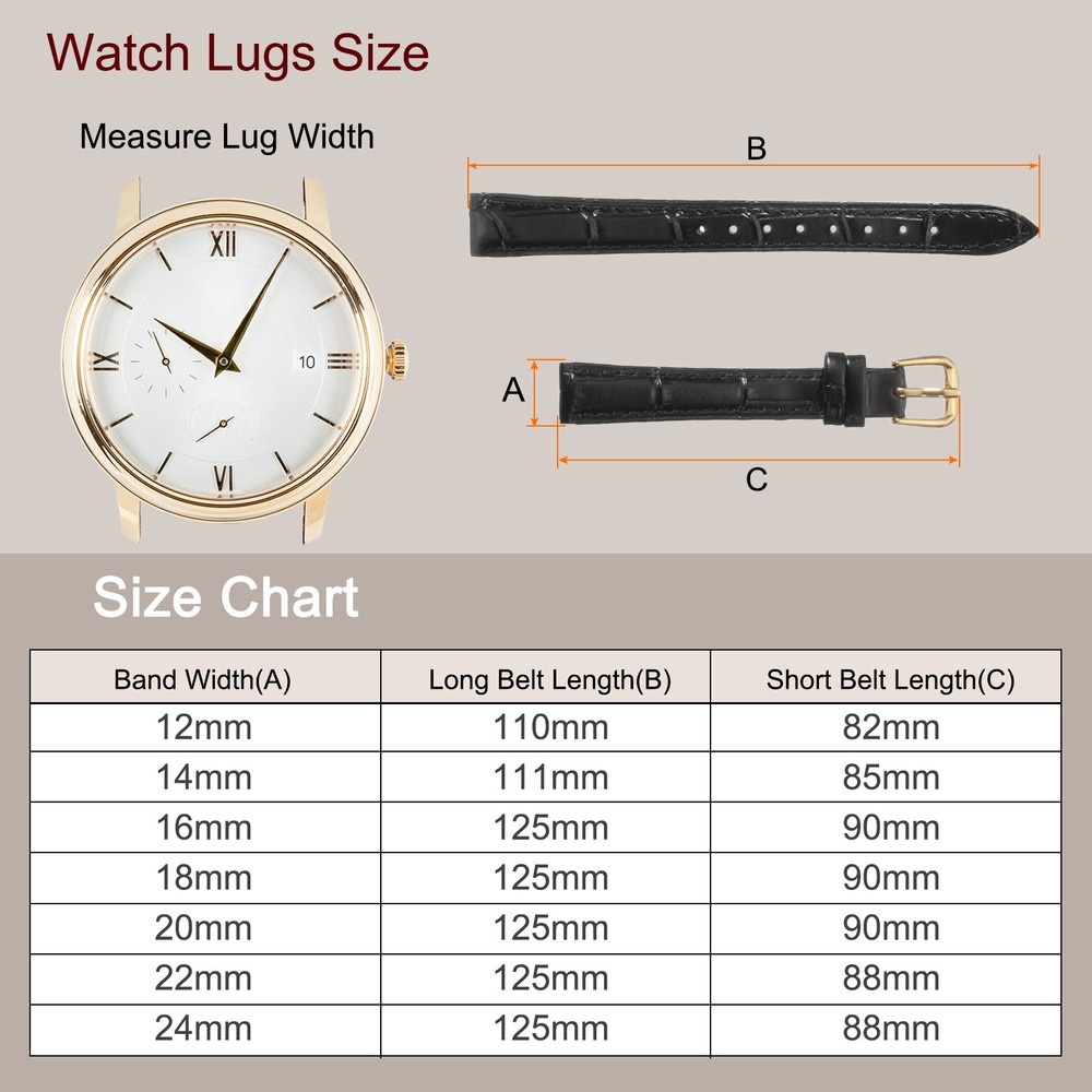 Leather Watch Bands 24mm Classical Embossed Replacement Strap Black Gold