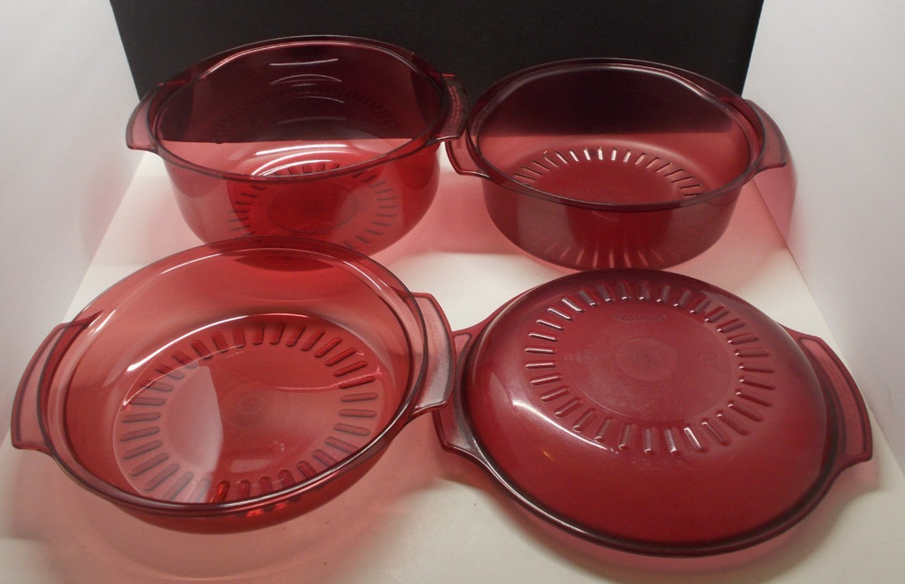 5 Piece Tupperware 2192 Cranberry Red Microwave Stack Cooker Steamer