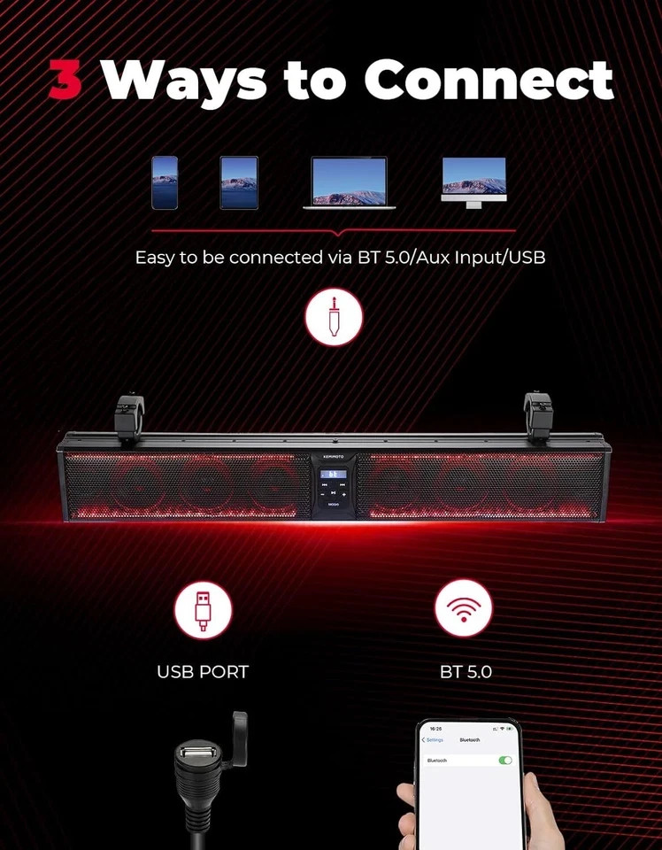 KEMIMOTO 16IN Universal RGB ATV UTV Sound Bar Speaker Marine Soundbar