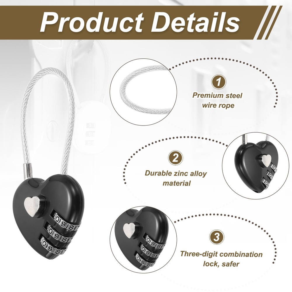 2-Pack Combination Padlock, 3 Digit Heart Shaped Cable Luggage Lock [Black]