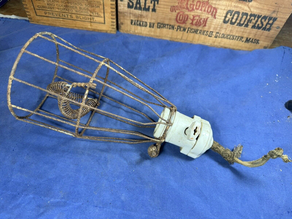 C.1915 Weber Porcelain Socket & Paddle Switch w/ Metal Cage ~ Old Drop Light