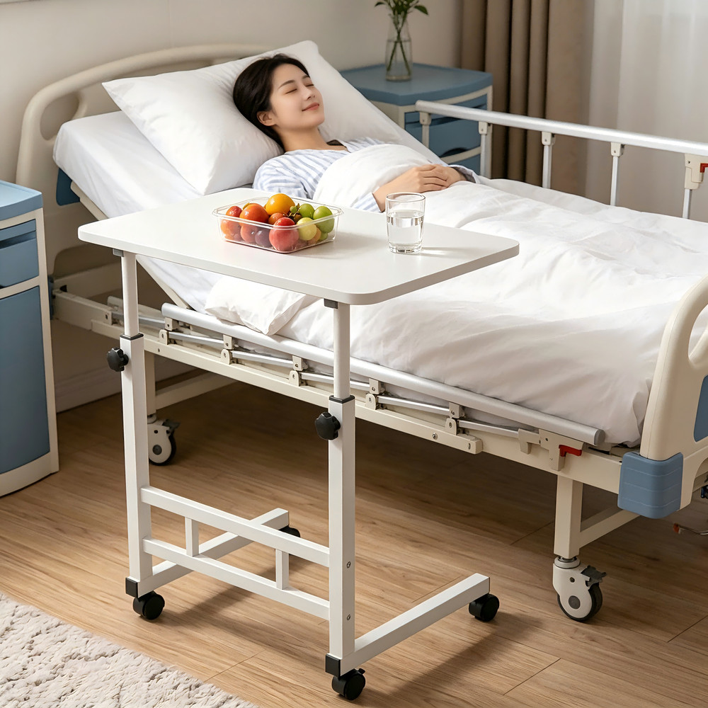 1-Tier Adjustable Nursing Bedside Table Simple Hospital Bedside Table white