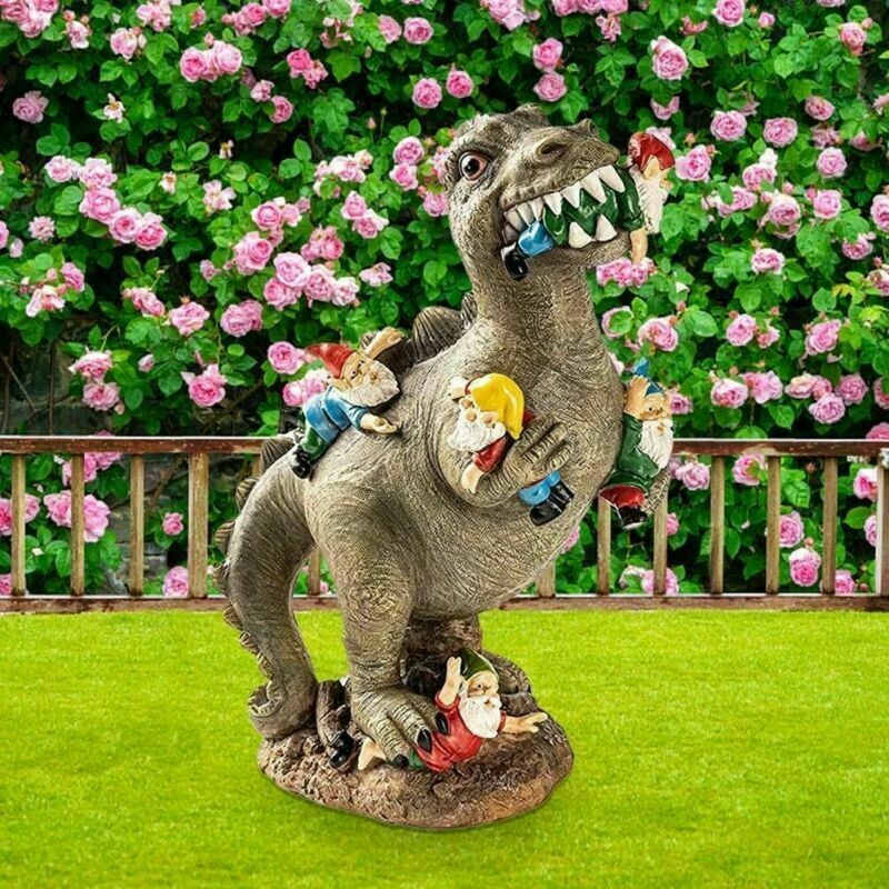 DINOSAUR EATING GNOMES STATUE - 2 Sizes - Hand Painted
