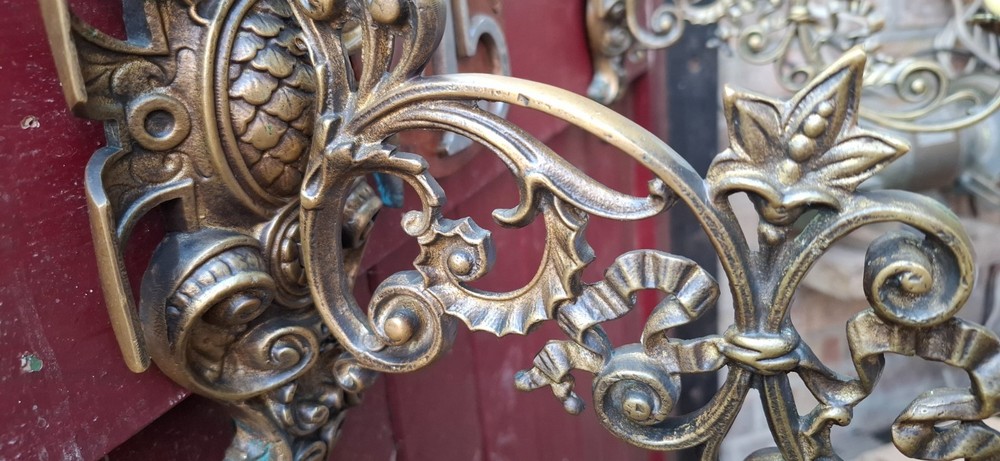 Victorian pair brass ornate scrolled wall candle sconces