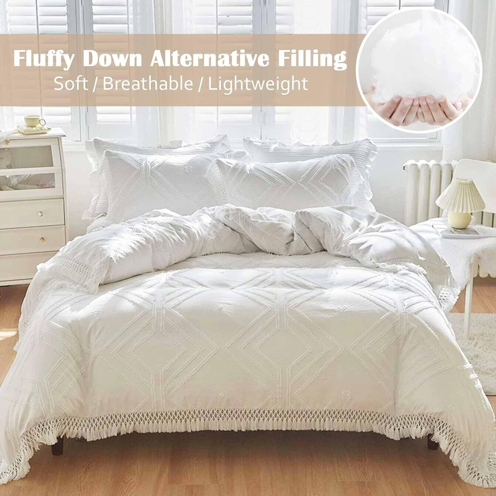 Boho Chic Queen Comforter Set - White Tufted Tassel Microfiber Bedding 3Pc