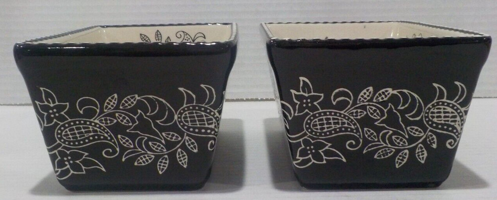 Lot 2 BAUM Small Rectangular LOAF Bakeware Dish Black White PAISLEY 6.5x4x3 *EUC