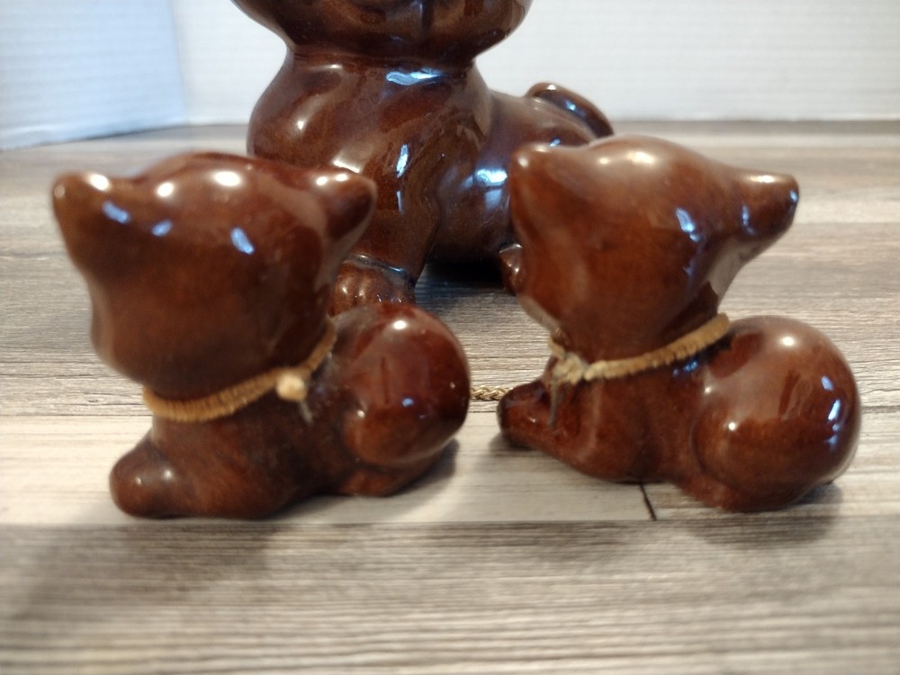 Vtg Redware Momma Cat & 2 Kittens On Chains Brown Ceramic Figurines