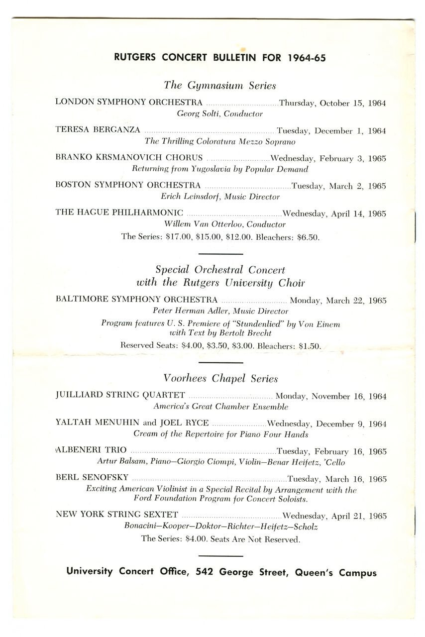 Vintage 1964 PHILADELPHIA ORCHESTRA Rutgers University Concert PROGRAM!