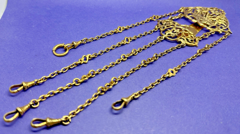 EXCELLENT VICTORIAN 5 STRAND SOLID SILVER GILT CHATELAINE BY HENRY MATTHEWS 1900