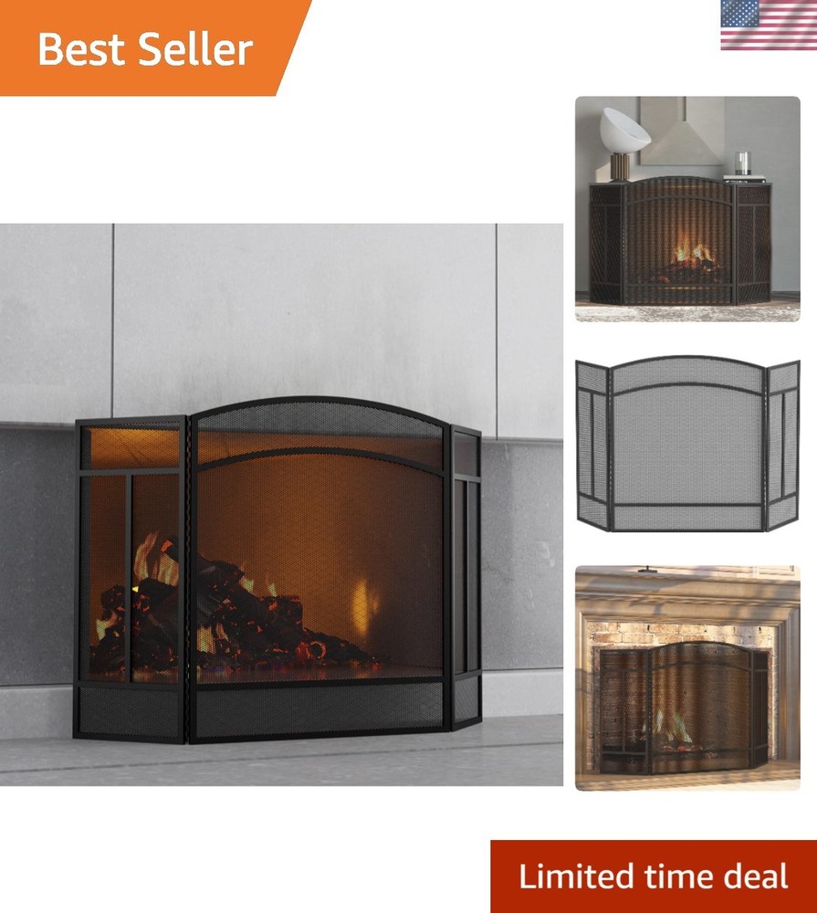 Durable Wrought Iron Fireplace Screen - 3 Panels, Foldable with Arched Top