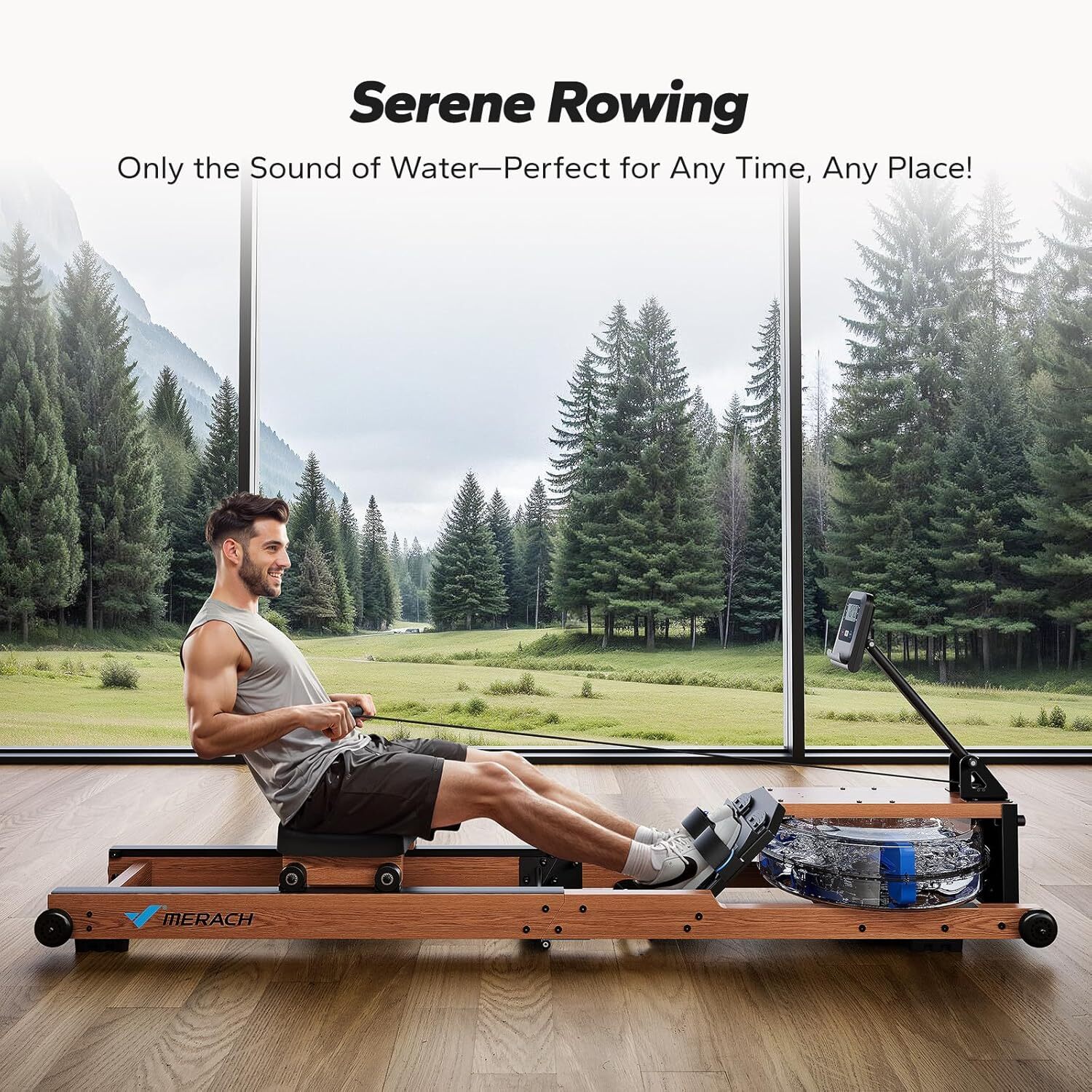 MERACH R28 Foldable Water Rowing Machines for Home Gym with 400LB Weight Wood