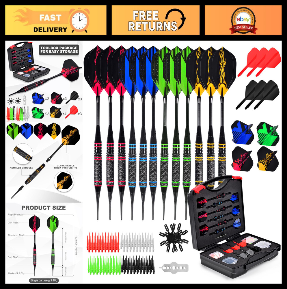 Professional Soft Tip Dart Set - 12 Pcs 18g, 120 Extra Tips, Flight Protector &