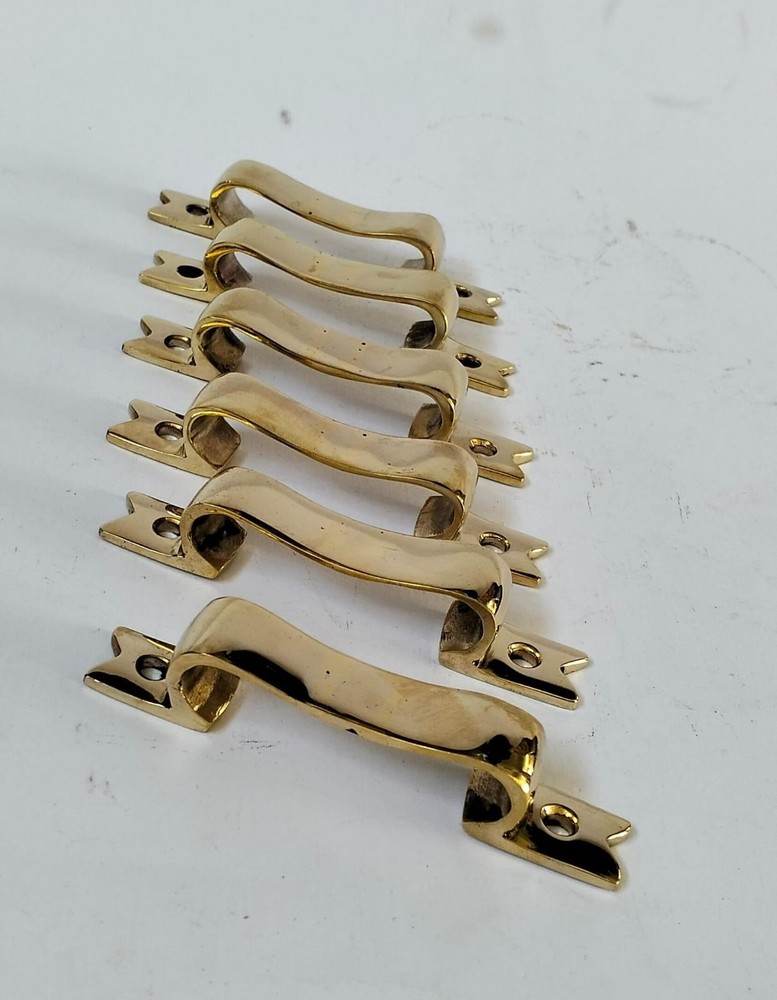 6 PULLS 4" handle heavy ribbon solid heavy brass old style kitchen GRAB 10 cm