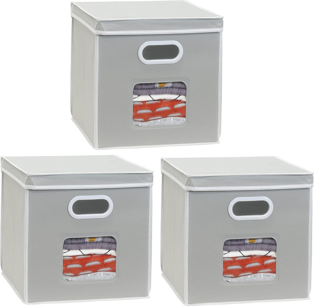 Re 3pack 12inch Clear Window Cube Storage Bin With Lid Grey