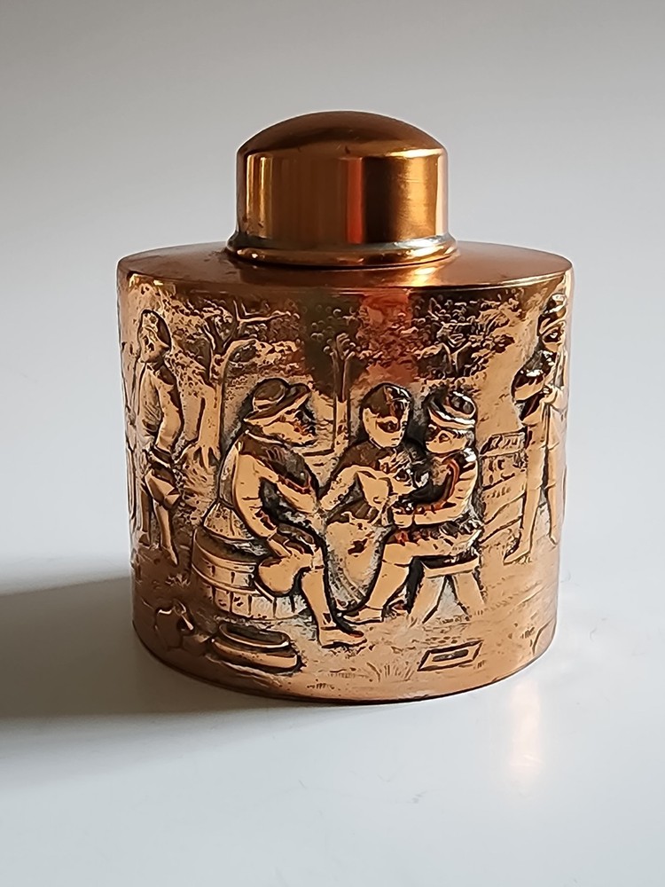 Antique Bright COPPER Tea  Caddy Repousse People In Streets Hallmarks On Bottom