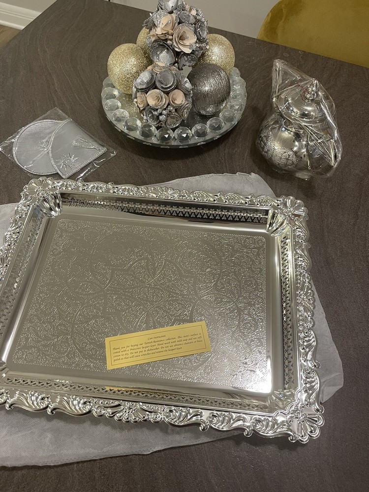 Moroccan Rectangle Silver Finish Serving Tray/platter. Large.