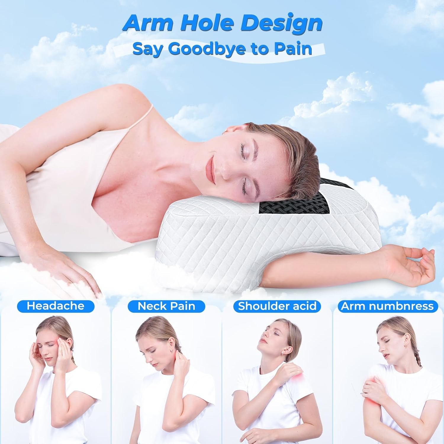 Side Sleeper Pillow with Arm Hole, Upgrad Shoulder Relief System for Neck Pain,