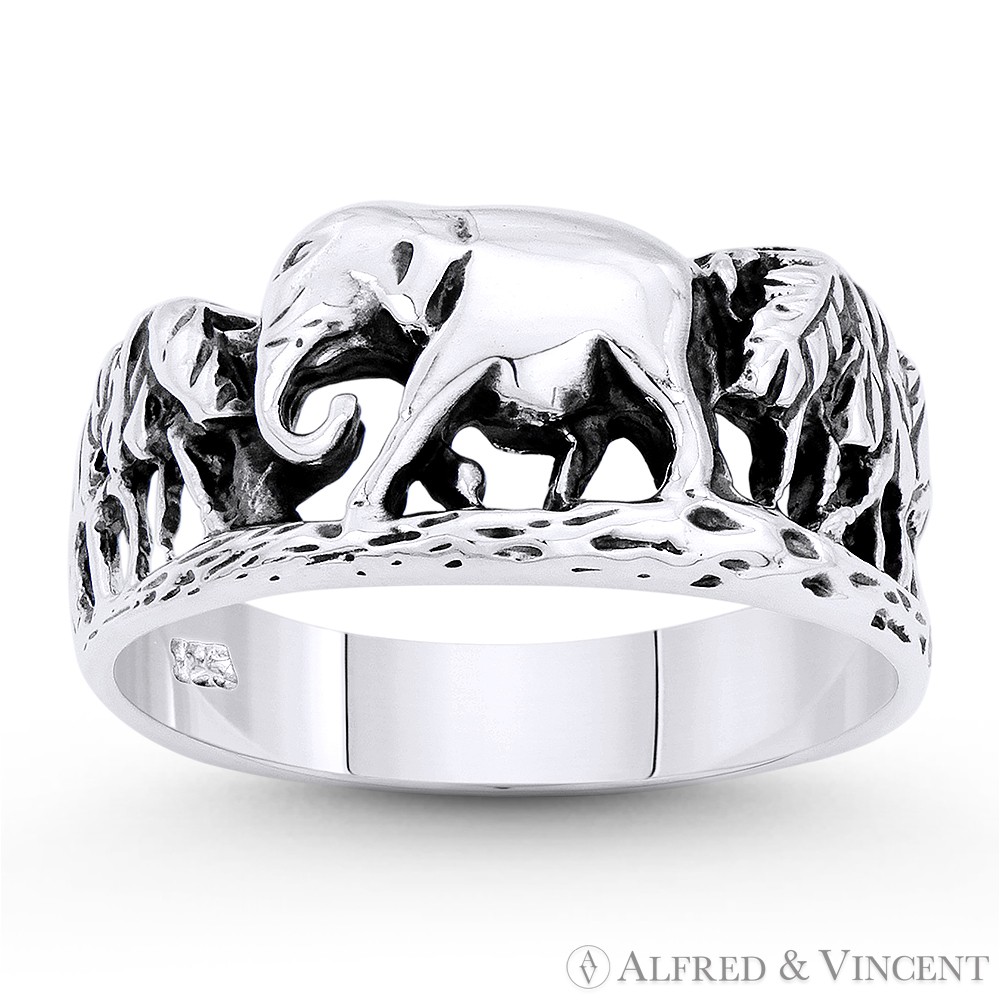Forest Elephant Charm Animal Totem Band Solid 925 Sterling Silver Statement Ring