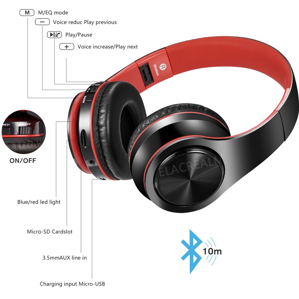 Bluetooth Headset Wireless Stereo Earphone Over-Ear Foldable Headphones With Mic